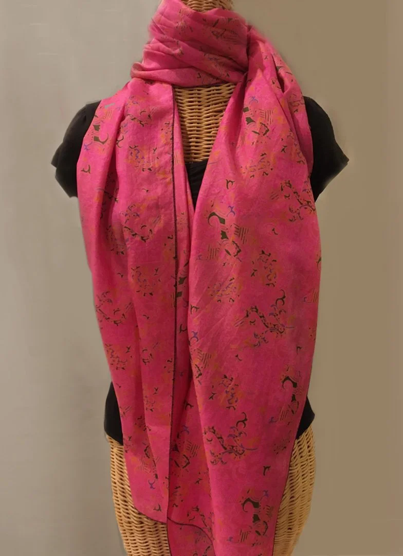 Beige & Multi-Color Stick Drawing Silk Scarf — Lalasilk